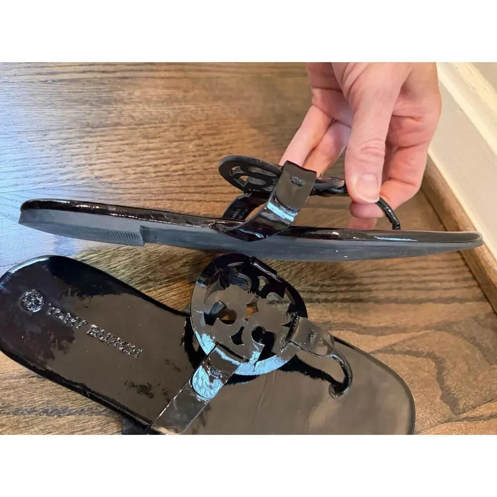 Tory Burch Miller Thong Sandal Women's Sz 9.5 Black patent Leather